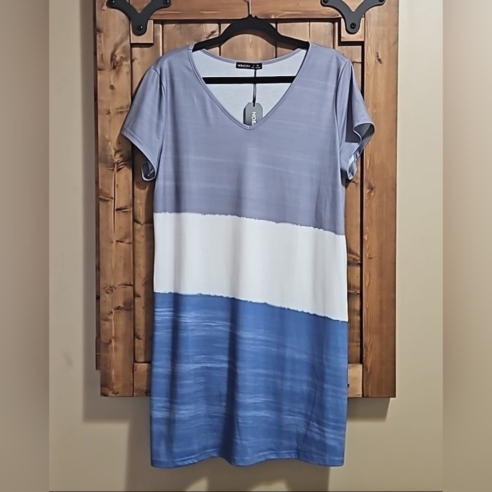 Noracora Blue Grey White Asymmetrical Striped Tshirt Dress XL